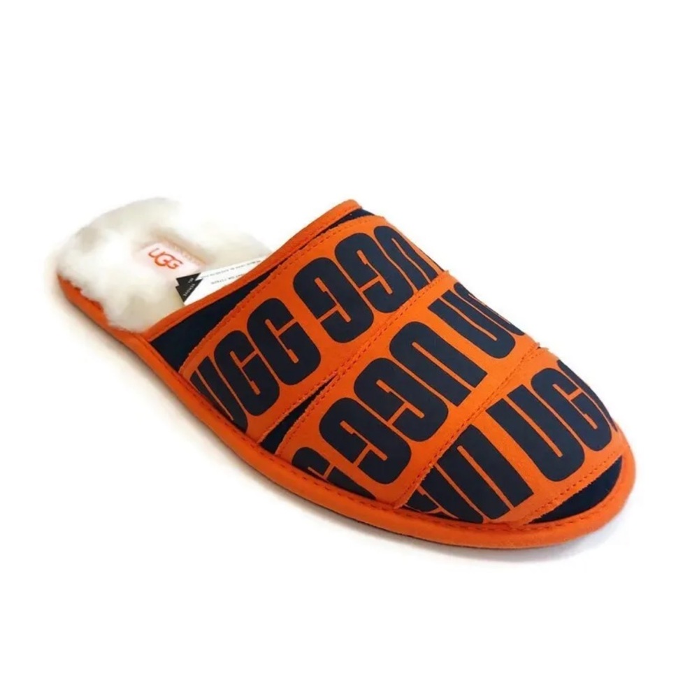 UGG Men’s 8 Scruff Graphic Band Sheepskin Slip On Slippers Orange Trendy Luxe
